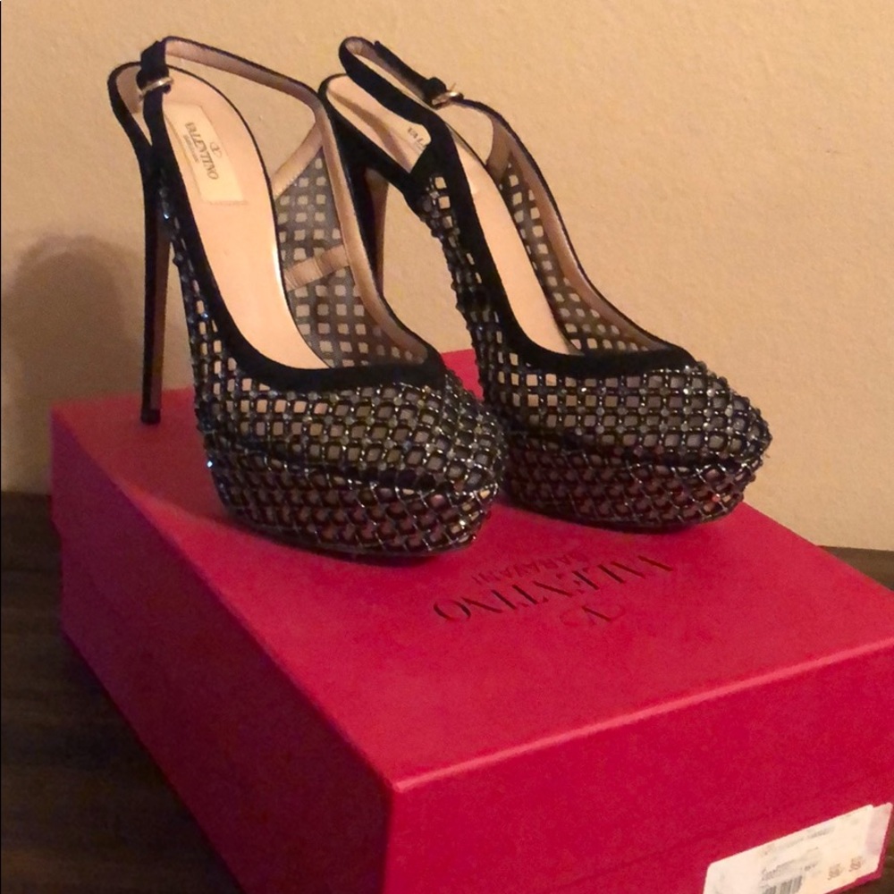 Valentino black crystal slingback pumps